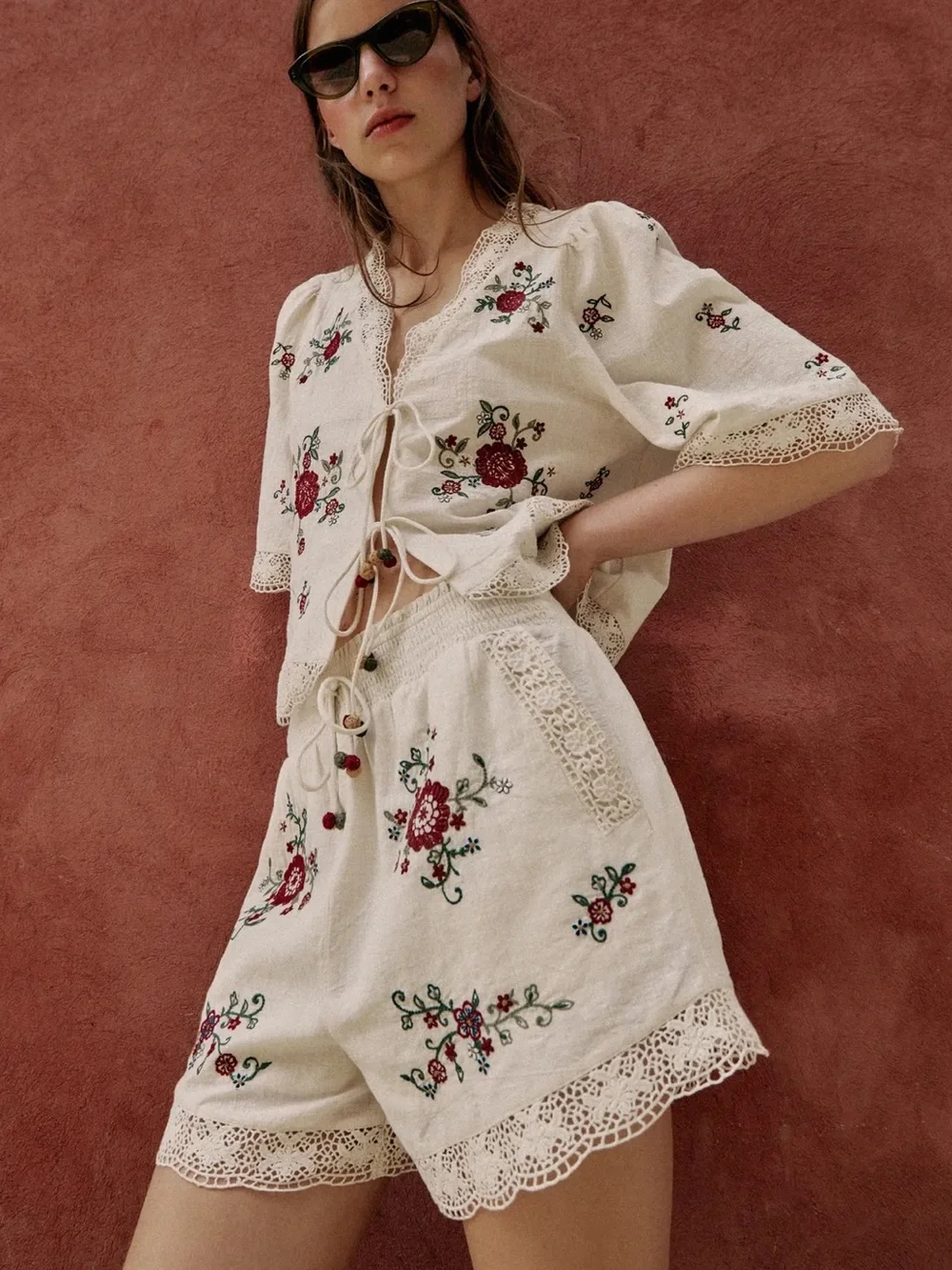Zara 2 Pieces Embroidered Cotton Floral Top & Matching Shorts NWT